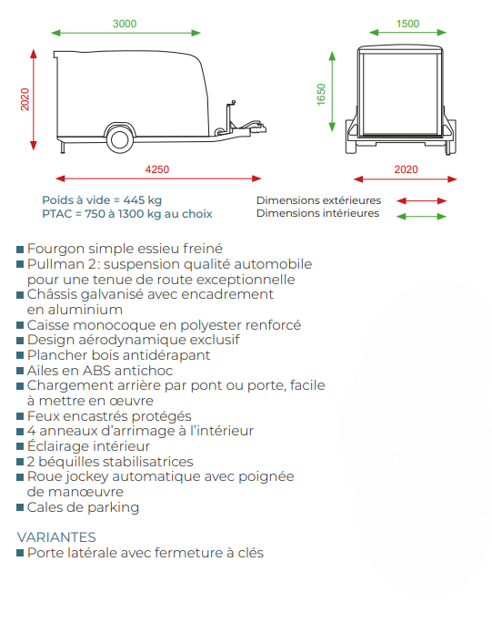 Remorque cargo Pullman Debon 1300 bleue avec suspension et porte latérale