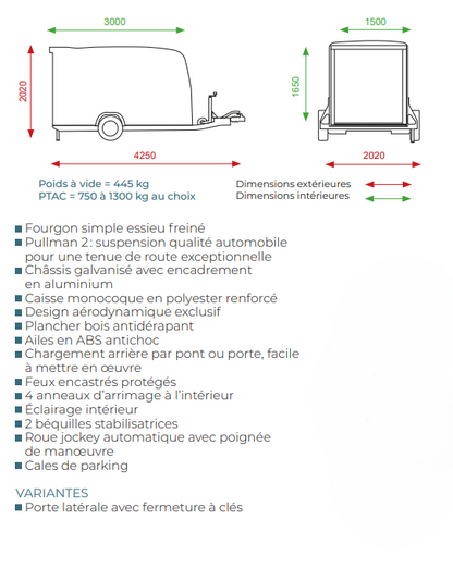 Remorque cargo Pullman Debon 1300 bleue avec suspension et porte latérale